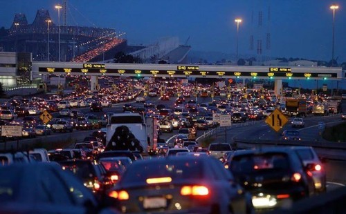 Commuters wait in traffic near the Bay Bridge during the first day of the 2013 BART Strike
