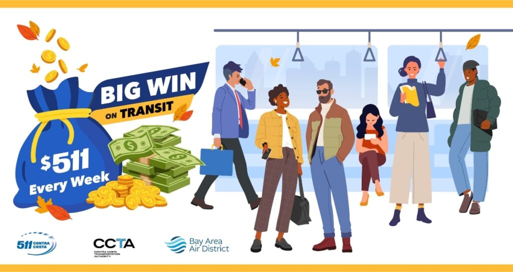 Illustration of people sitting and standing onboard transit. Large blue moneybag sitting next to stacks of cash and gold coins. Writing on bag says: Big Win on Transit - $511 every week. Logos for 5 1 1 Contra Costa, Contra Costa Transportation Authority, and Bay Area Air District.