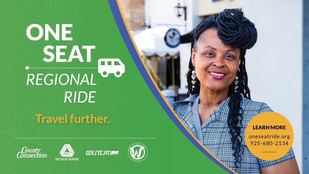 One Seat Regional Ride - Travel Further. Participating transit agencies: County Connection, Tri Delta Transit, WestCAT, and Wheels.